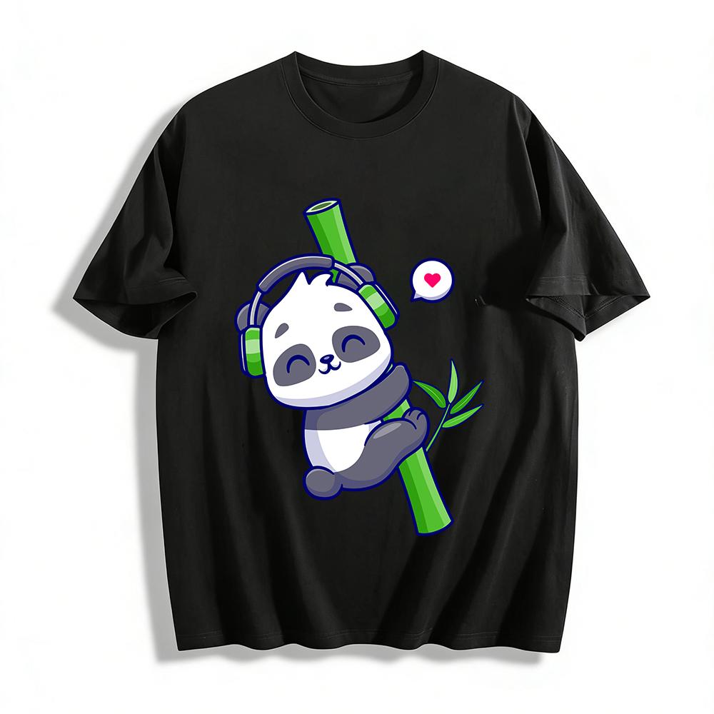 Cute Music-loving Panda Hug Bamboo Print Casual Unisex Top Pure cotton T-shirt XXS