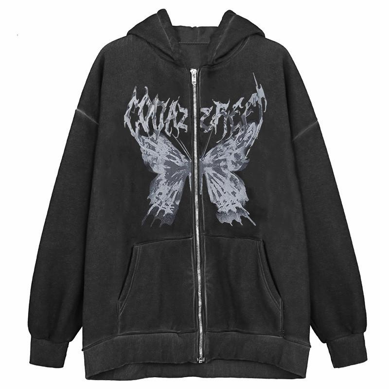 

Y2k Harajuku Hoodies Жіноча осінь-зима Хіп-хоп на блискавці з метеликом Естетичний світшот з капюшоном Жіноча готична куртка в стилі панк Пальто XXL чорний