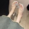 Rhinestone bow serpentine winding sandals low heel summer new one-word belt fairy wind flat Roman crystal shoes