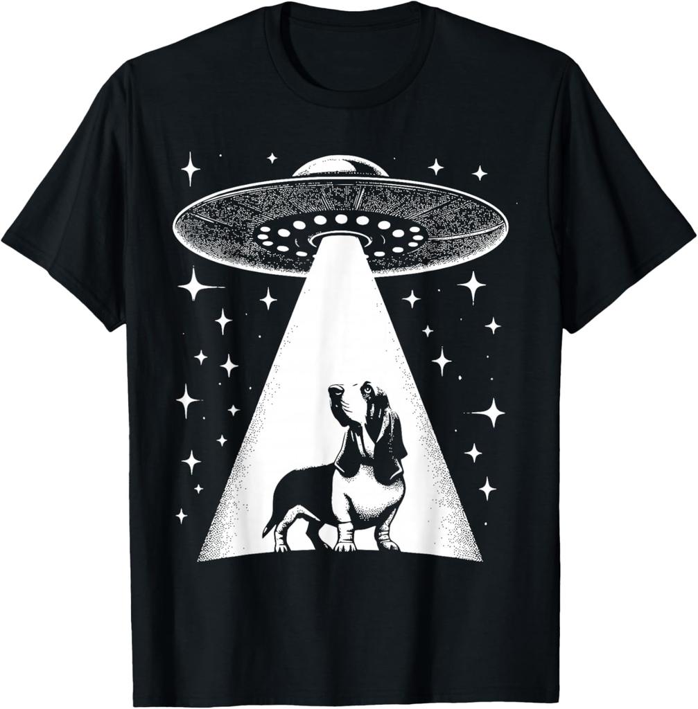 Basset Hound UFO Alien Abduction Graphic Tee Funny Dog Lover Gift T-Shirt