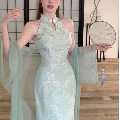 Robe d'été sexy à col licou pour femme, nouvelle collection de style chinois, verte et améliorée, style cheongsam
