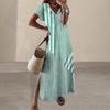 Summer Women Dress V-Neckline Side Split A-line Comfortable Fit Short Sleeves Striped Print Pullover Ankle Length Vacation Beach Maxi Dress