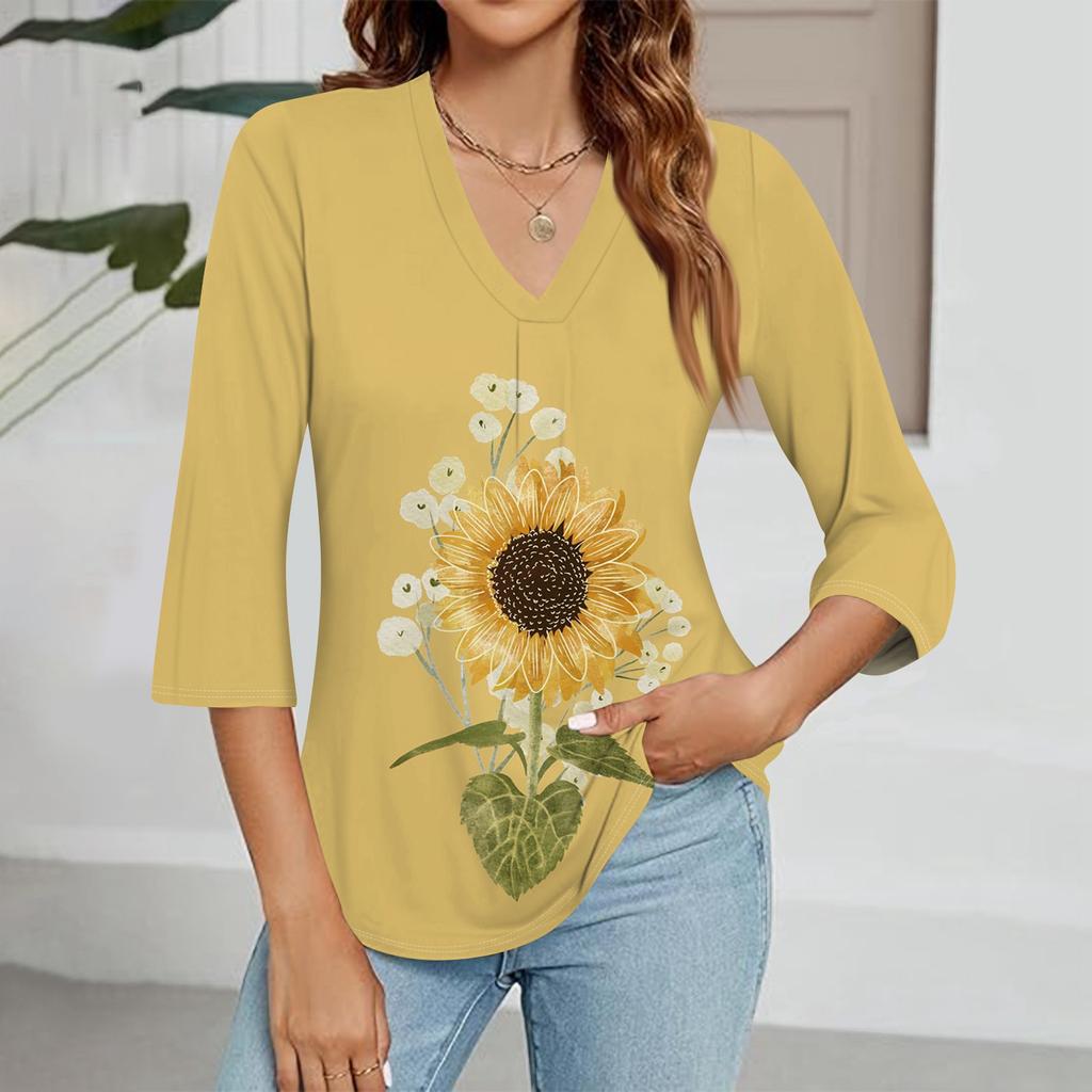 Modisches Oberteil mit V-Ausschnitt, Farbverlauf-Print und Dreiviertelärmeln für Damen