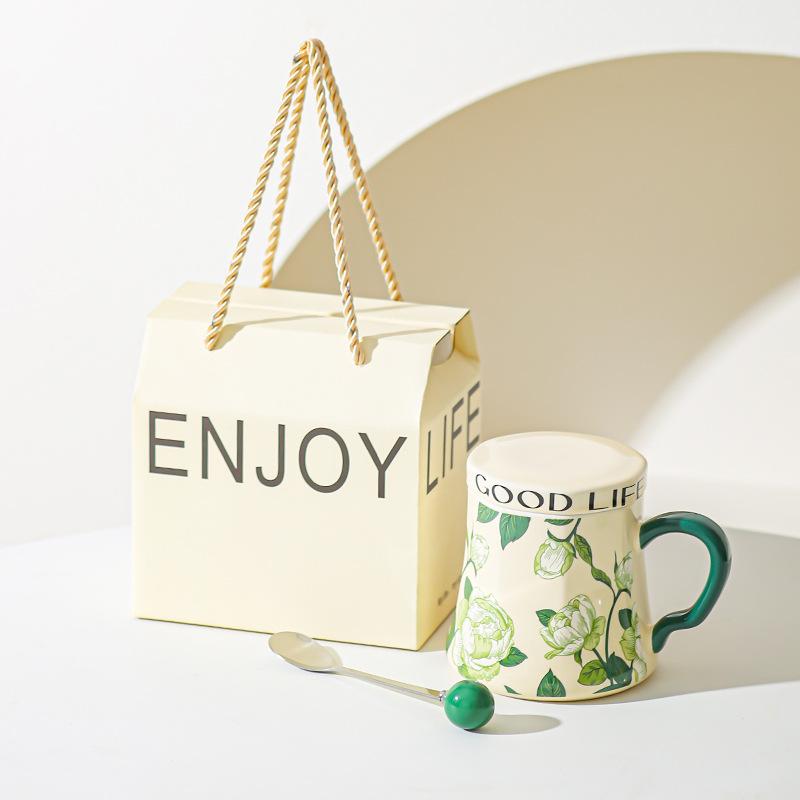 Lily of The Valley Ceramic Water Cup Home Office Large Capacity Coffee Cup Breakfast Cup with Lid Design Coffee Cup