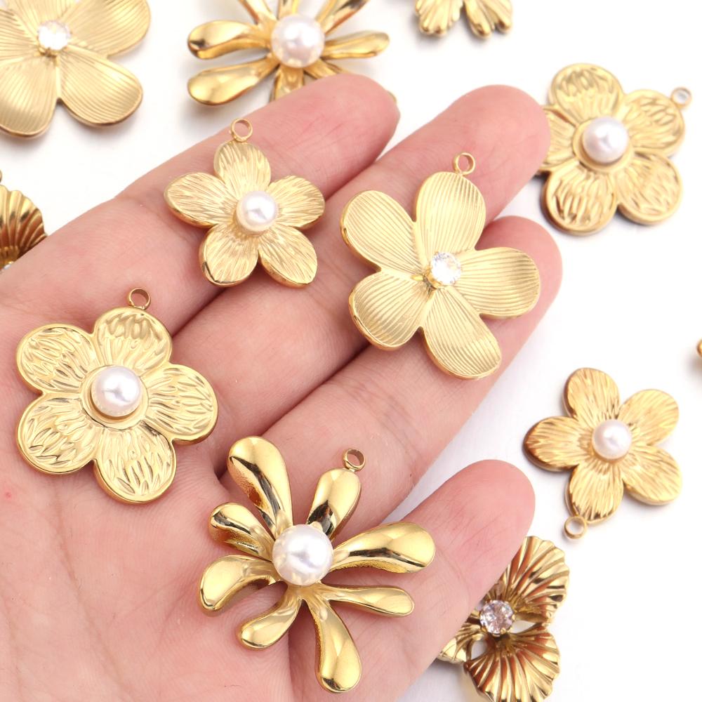 2Pcs Stainless Steel Pearl Flower Enamel Charms Exquisite Gold Color Pendant DIY Necklace Earrings Wedding Party Jewelry Finding