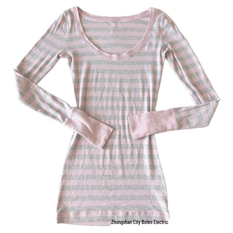 Y2K Slim Fit Comfy Striped Pink & Gray Long Sleeve T-Shirt