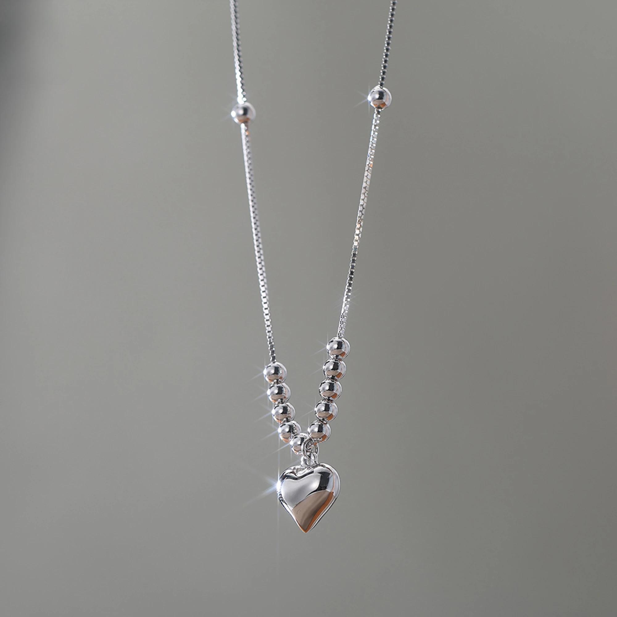 Real Silver Gold Plated Heart Pendant Necklace With Dainty Snake Chain Sparkling Beads Strand Gift