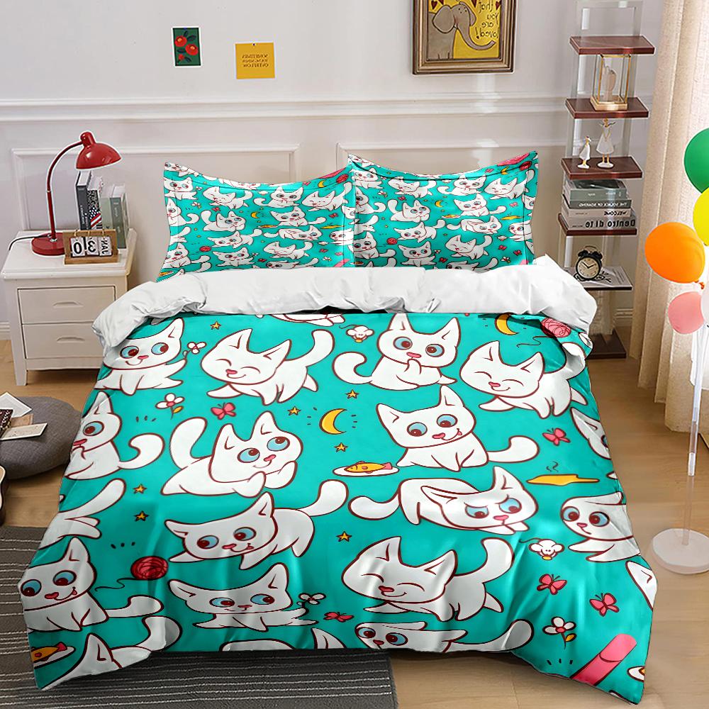 Cartoon Interesting Cat Pattern Bedding Set for Kids Luxury Gift 3pcs Digital Print Comforter Set Soft Comfortable Breathable