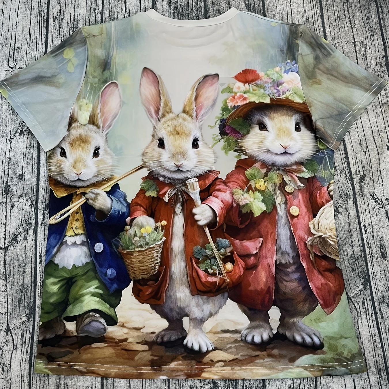 

Летний топ с круглым вырезом и принтом 3D кролика, модные повседневные женские футболки с короткими рукавами XL