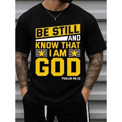 Taglie Europee Uomo T-Shirt con Scritta 'Be Still and Know God' - Nera a Maniche Corte Casual Girocollo con Frase Spirituale, Comoda per Tutte le Stagioni