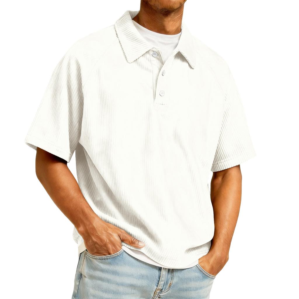 Mens Short Sleeve Corduroy Polo Shirt Casual Loose Fit Pullover Top with Collar and Button Placket