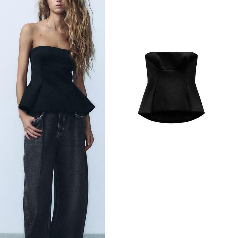 Fall and Winter New Women's Clothing Fashion Wind All-Matching Tube Top Straight Collar Silm off-the-Shoulder Short Tops 9538523