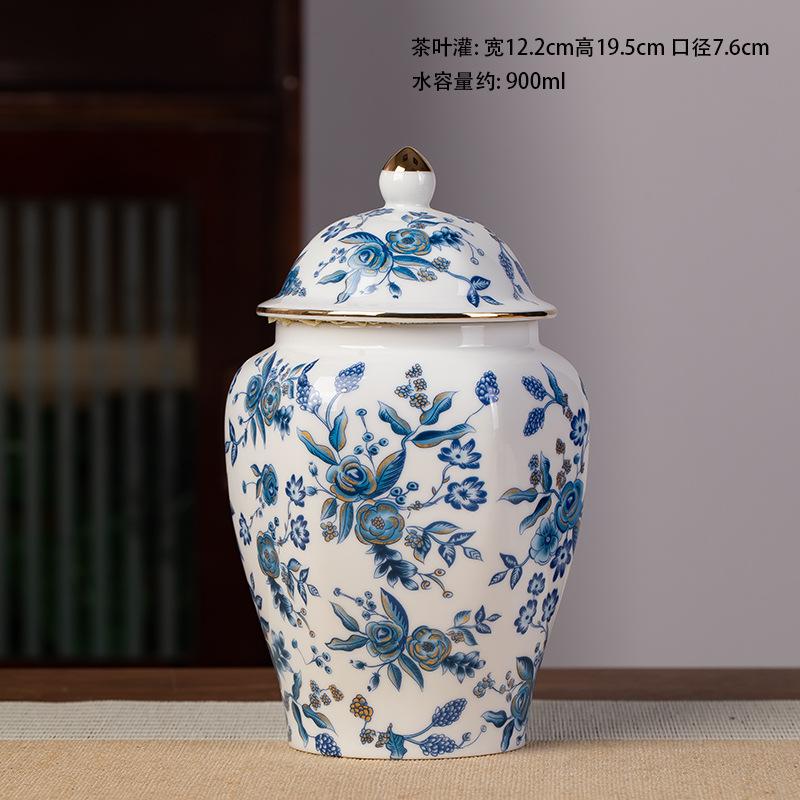 Gold-plated Ceramic Tea Jar Vintage Blue and White Porcelain Sealed Storage Jar Moisture-proof Candy Tea Pot Storage Container