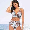 Women Print Swimsuit V Neck Two Piece Swimwear Ruched High Waist Bikini Set
