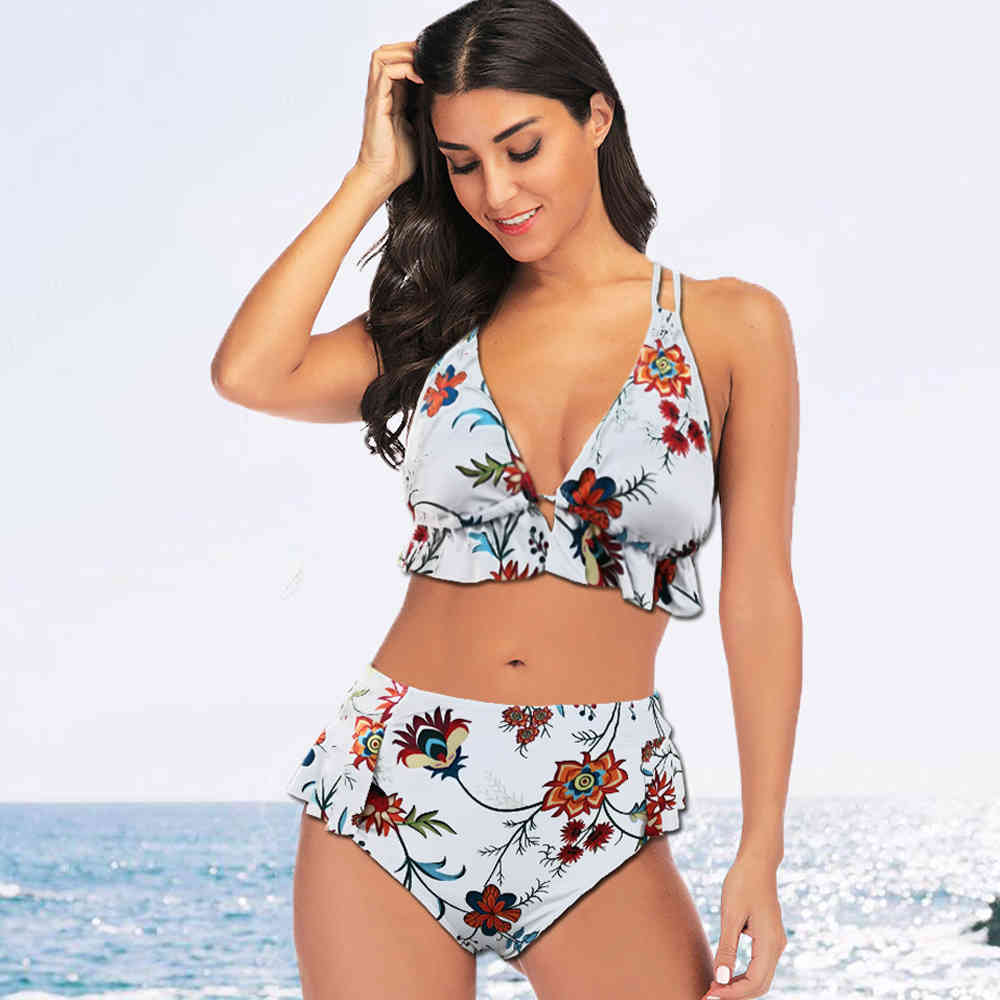 Women Print Swimsuit V Neck Two Piece Swimwear Ruched High Waist Bikini Set