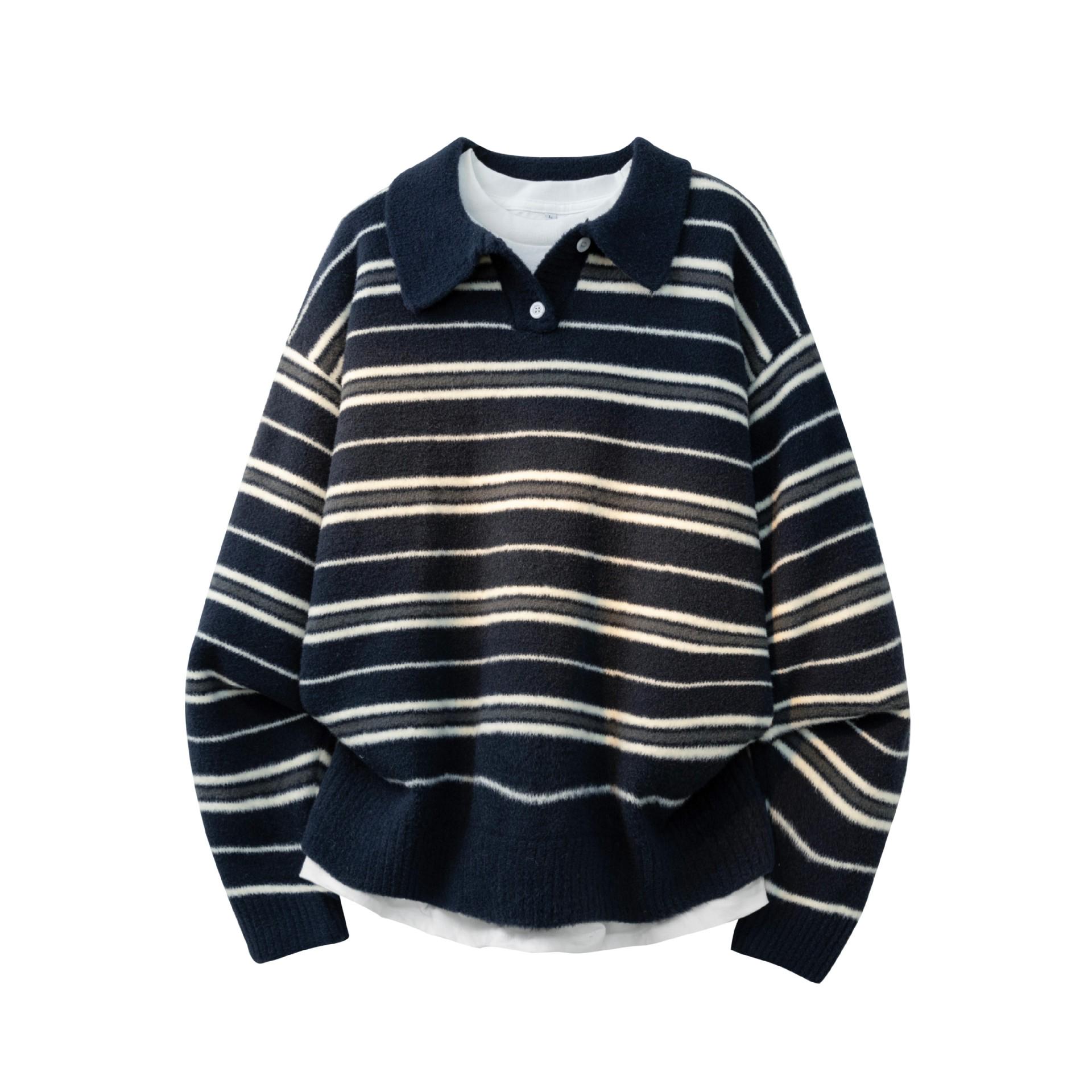 Men s Korean-Style Heavyweight Winter Sweater - Classic Striped Knitwear XL