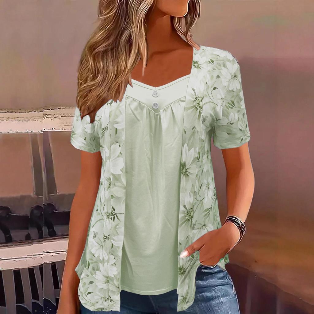 2025 Spring/Summer Women's Fake Two-Piece Short-Sleeve Button Print Top