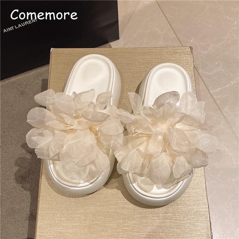 Fashion Comfort Platform Slides for Women Spring Summer Outdoor Beach Slippers Thick Bottom Slip on Sandals Lace Flower Decor Shoes