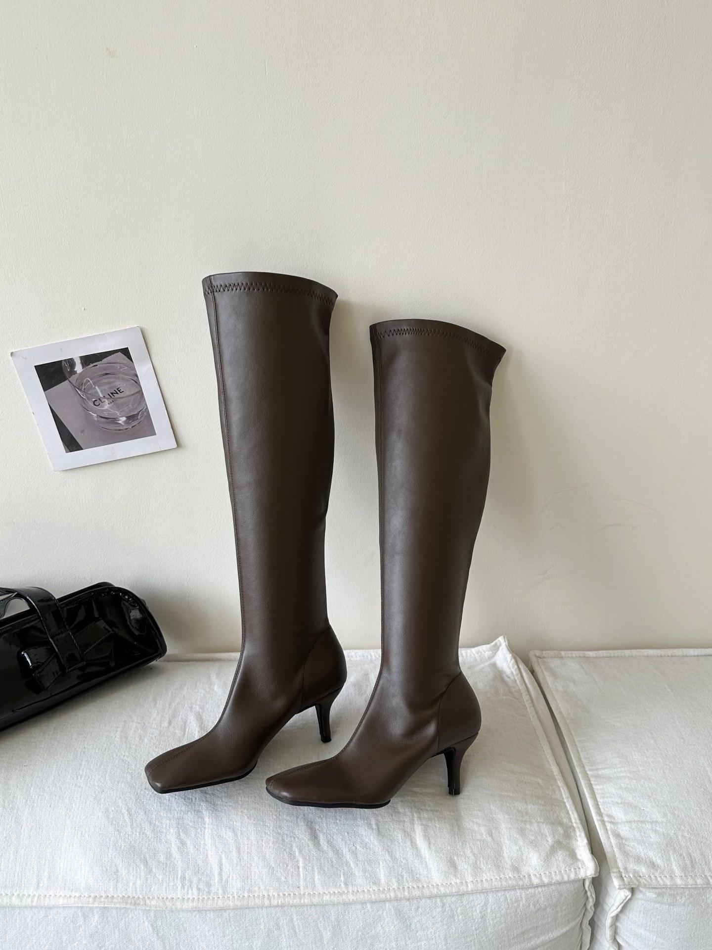 

2025 European and American style square head thin knee high heel thin heel high boots 39 темно-коричневого