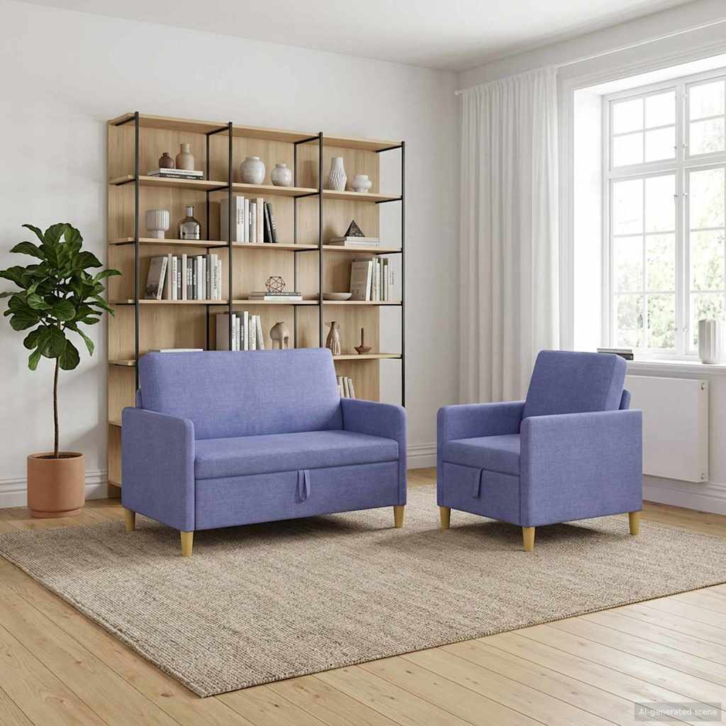 2 Piece Storage Sofa Set in Jeans Blue Polyester