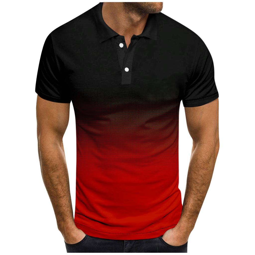 Men's Fashion Casual Short Sleeve Gradient Printed Lapel T-Shirt Tops