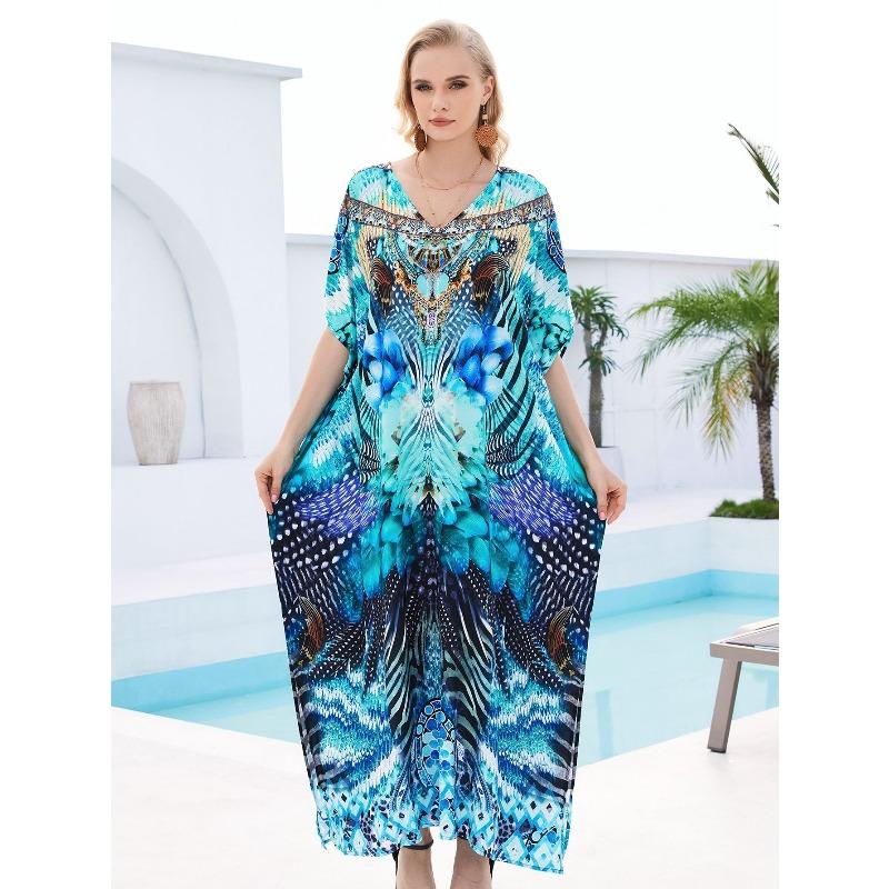 Blouse de plage coton humain imprimé ample robe de vacances bikini protection solaire chemise maillot de bain veste châle