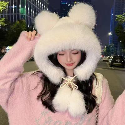 Gorro de invierno con bufanda integrada, decoración de orejas de oso, pelo grueso de visón sintético, protección total, tejido elástico, color puro, gorro para actividades al aire libre