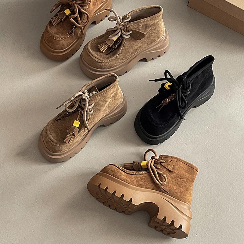 Retro lace-up tassel big head casual board shoes women's autumn fashion Korean version of versatile temperament platform loafers single shoes