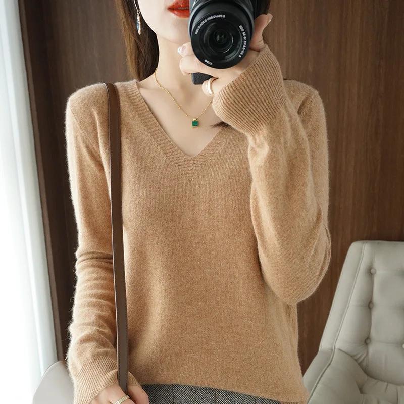Women's Sweater 2025 Autumn Winter Knitted Pullovers V-neck Slim Fit Bottoming Shirt Solid Soft Knitwear Jumpers Basic Sweaters