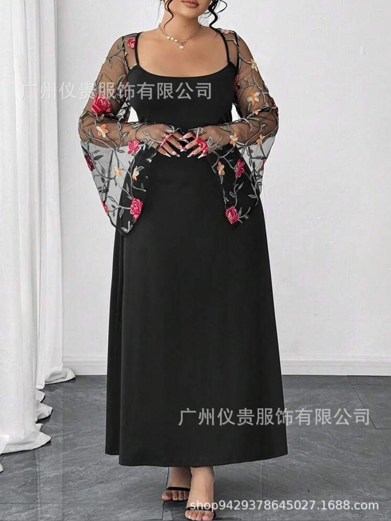 European Plus Size Elegant Mesh Print Summer Square Neck Holiday Maxi Dress
