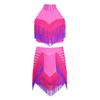 Eye-Catching Latin Dance Top with Skirt for Girls: Halter Neck Rhinestone Tassel Crop Top & Attached Briefs Skirt for Recital