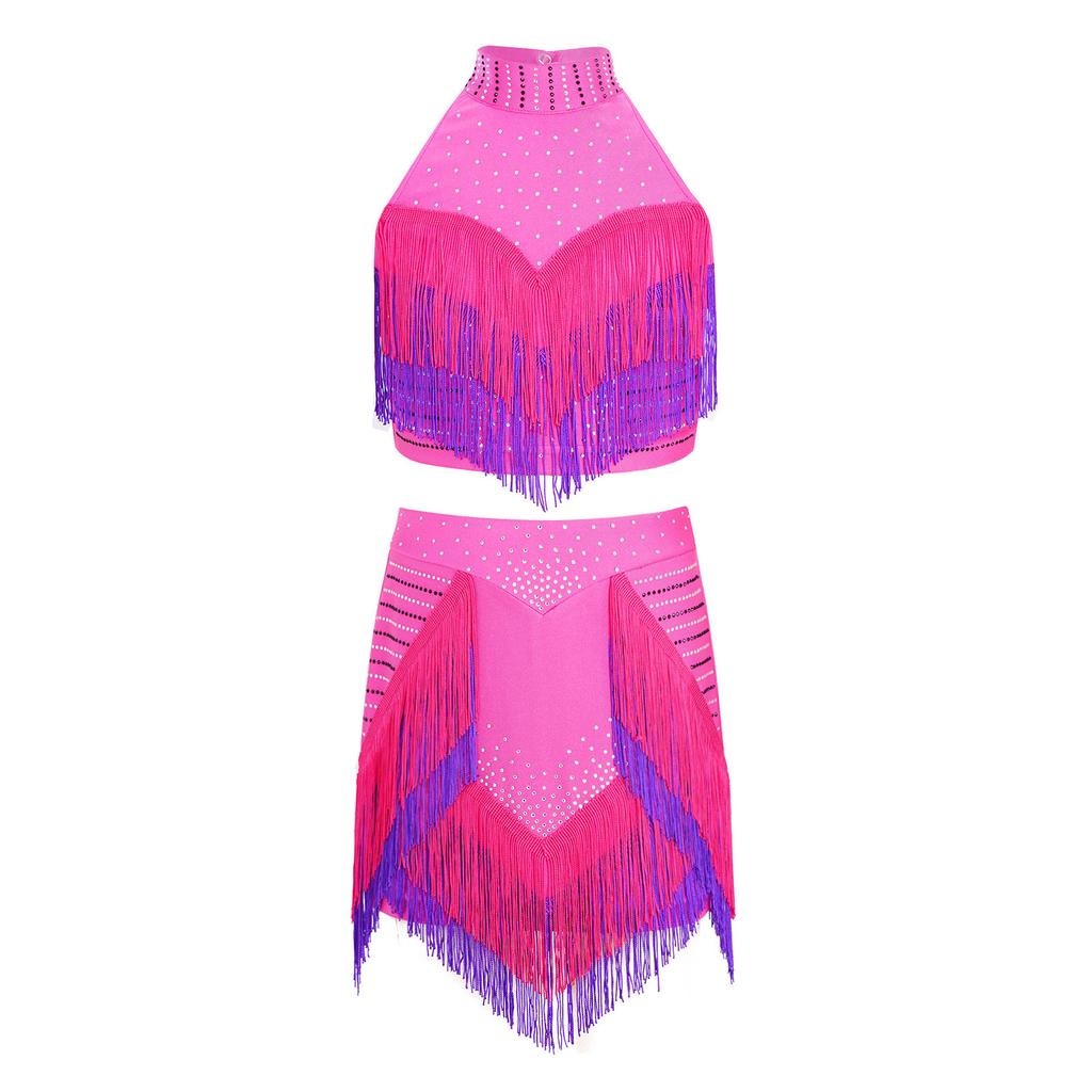 Eye-Catching Latin Dance Top with Skirt for Girls: Halter Neck Rhinestone Tassel Crop Top & Attached Briefs Skirt for Recital