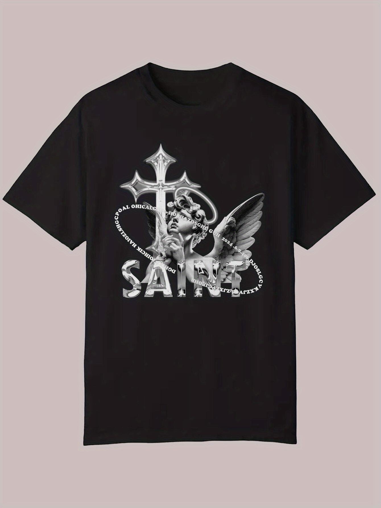 

Summer Casual Short Sleeve T-shirt - Black Religious Graphic Print with Saint Design S