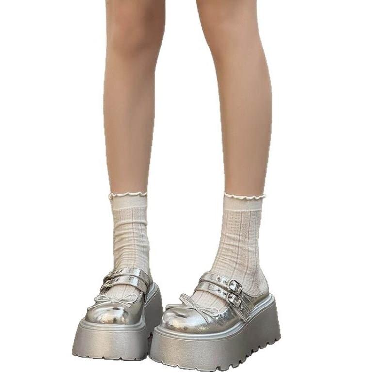 Double-button Thick-soled Round-toe Slip-on Shoes for Women, Anti-slip and Height-enhancing Shoes