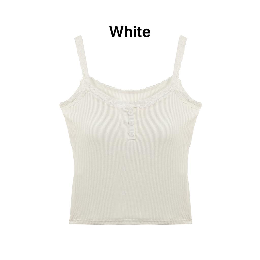 Women's Ribbed Lace Camisole with with Built-in Bra Pads and Buttons,Slim Fit Tank for Women