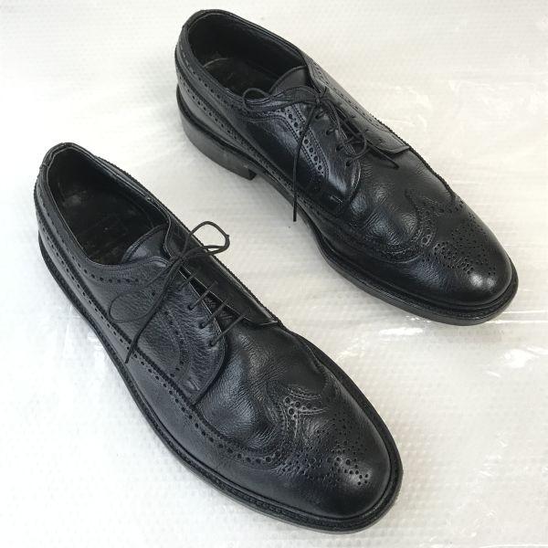 Sears USA 70s Vintage Easy Flex Leather Long Wingtip 9.5D 27.0-27.5 Black Dress Shoes(USED)