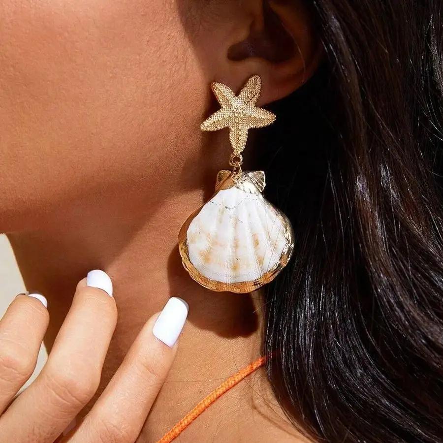 Obega Holiday Starfish Shell Butterfly Drop Earrings Post Shiny Gold Color Dangle Earrings Stud Women's Summer Ocean Jewelry