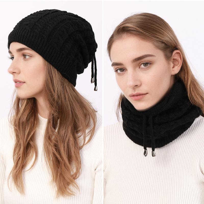 Winter Warm Neck Pulling Rope Double Wearing Knitted Hat For Women