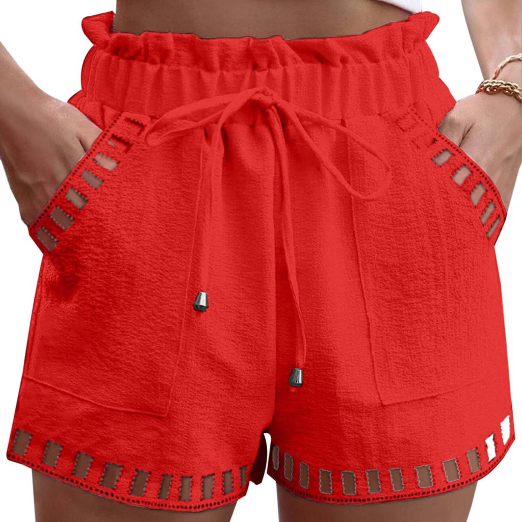 Shorts aus Baumwollleinen für Damen, einfarbig, dünn, mit ausgehöhltem Design, mit Taschenbesatz und enger Taille, Strandmode, weiße Kleidung