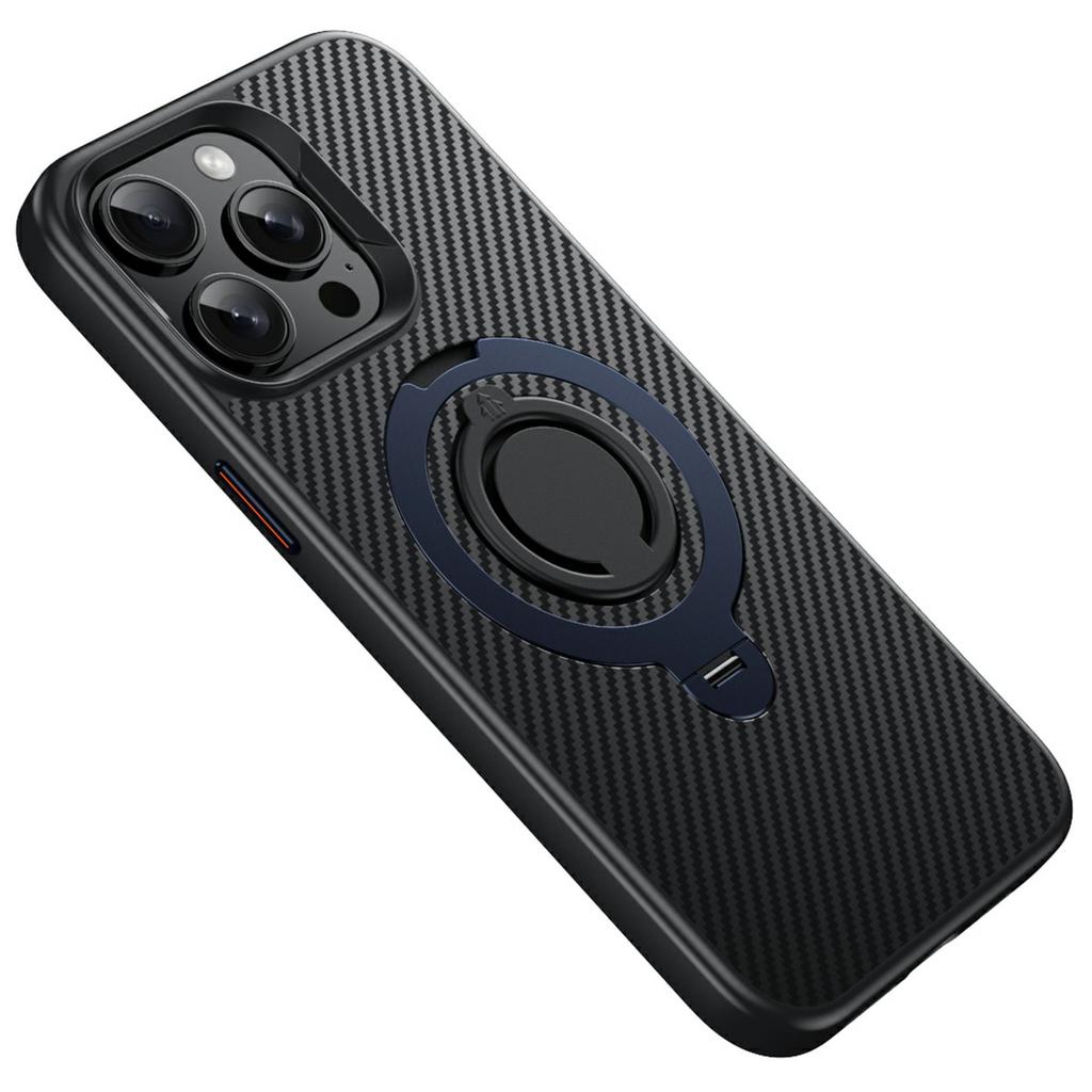 For iPhone 13 Pro Case Compatible with MagSafe Kickstand Carbon Fiber Texture PC+TPU Back Cover with Silicone Ring