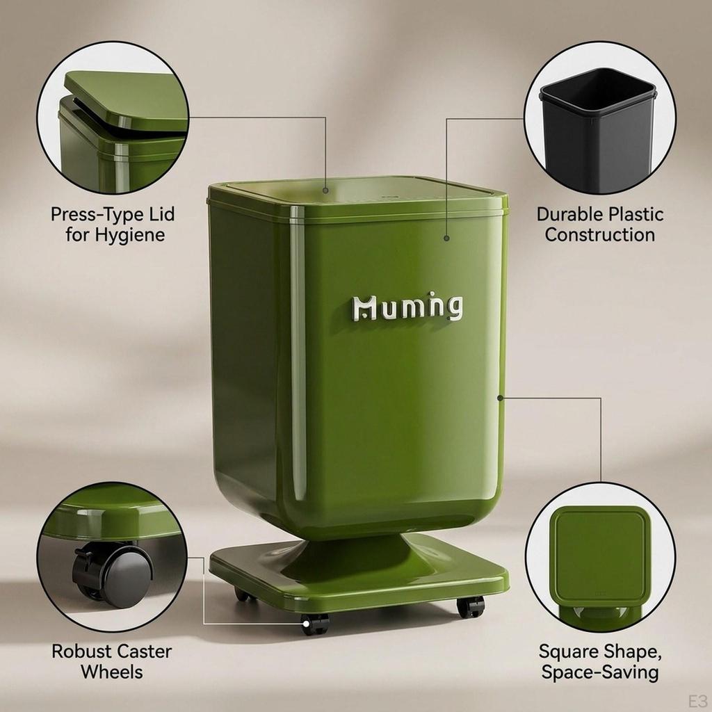 Press Type Trash Can Waste Basket Decorative Simple Cute Versatile with Wheels Garbage Bin for