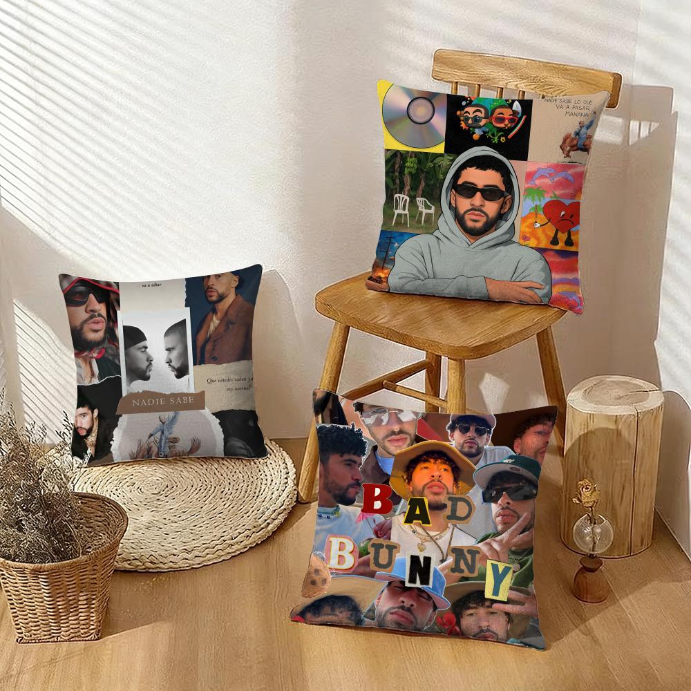 Hip Hop Rapper B-Bad B-Bunny Cushion Cover Silky Short Plush With Invisible Zipper Dustproof Sofa Pillow Cover For Home Decor