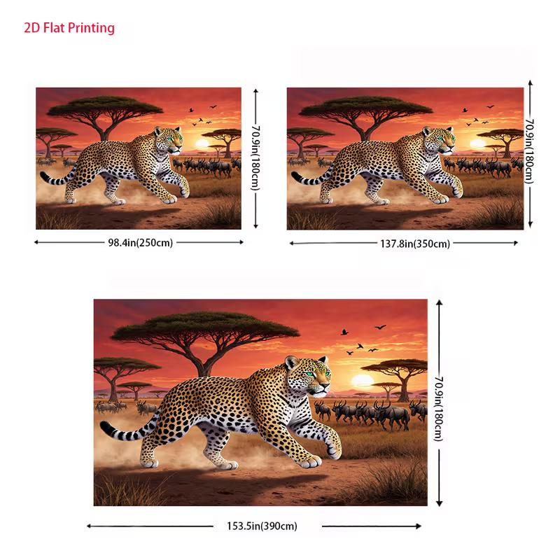 Wild Safari Tapestry, Dramatic Scene of a Powerful Leopard Running Across the African Savanna Under a Fiery Sunset Sky, Bold Wildlife Wall Art