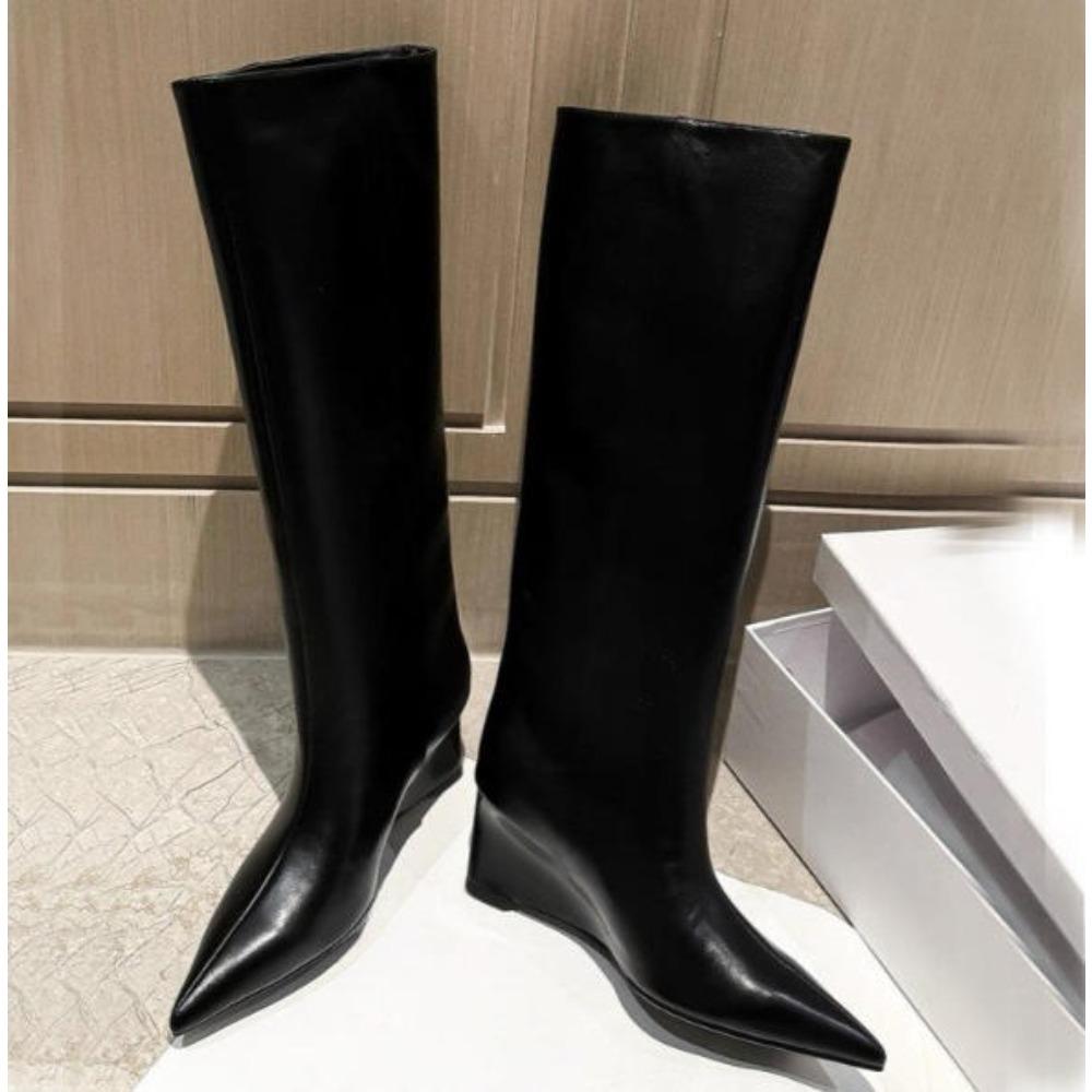 Fashion Designer Autumn Winter Cosy Pointed Toe Woman Knee-High Boots Slip-On Low Thin Heels Cowboy Ladies Shoes Botas De Mujer