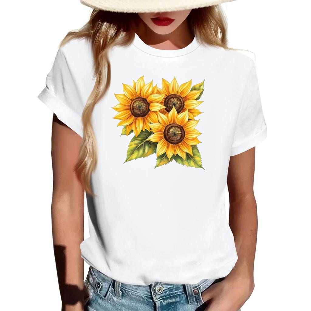 Damen Modisches Rundhals Casual Retro Print Kurzarm T-Shirt Top