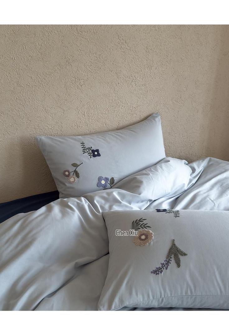 Elegant Blue Embroidered All-Cotton Bedding Set - Cozy and Thick for Autumn and Winter