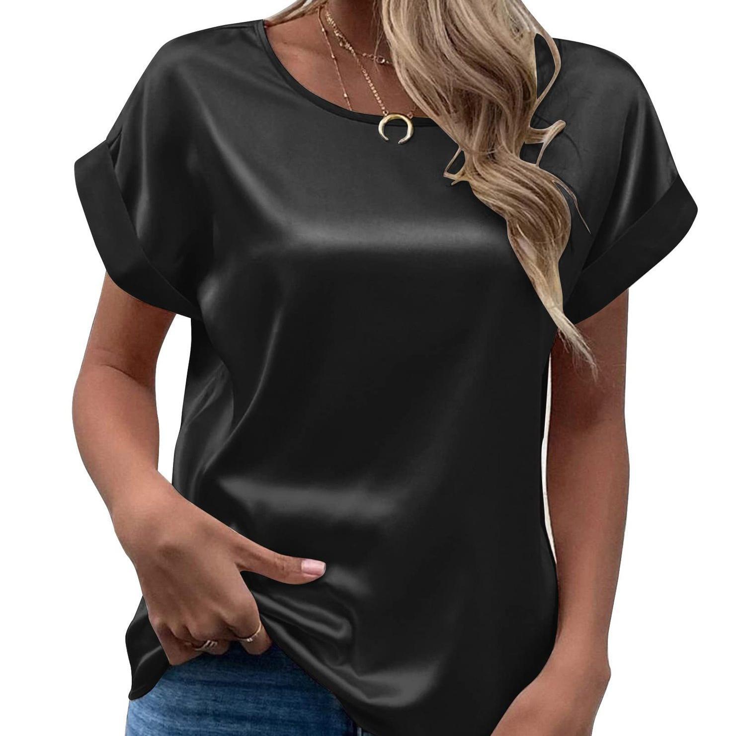 

Весенне-летняя новая женская атласная рубашка с короткими рукавами, свободная и повседневная цветная футболка с круглым вырезом для женщин 2XL чёрный