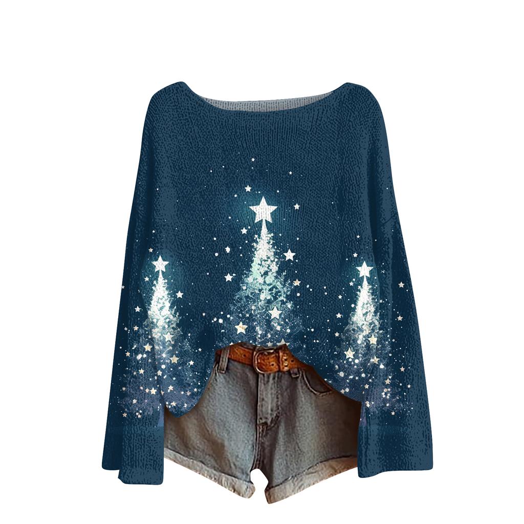 Ladies' Fashionable Casual Long Sleeved Christmas Printed Round Neck Knitted Yarn