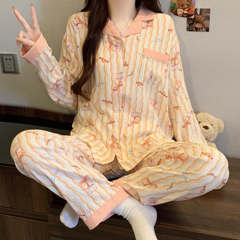 Striped Cotton Pajama Set: Long Sleeve, Color Block, Turn-Down Collar for Autumn/Spring