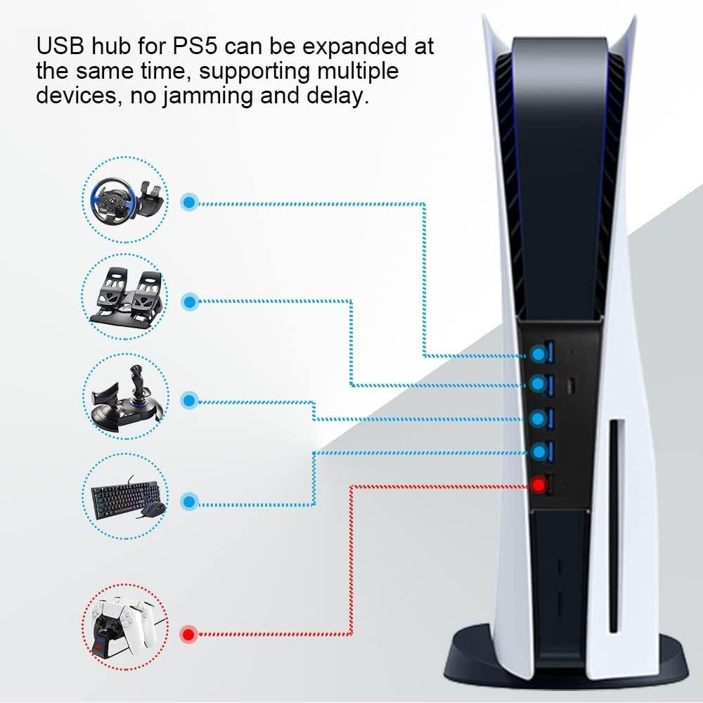 Hub Adapter for PS5 Console with 5 USB Ports+1 Type C Port, Black
